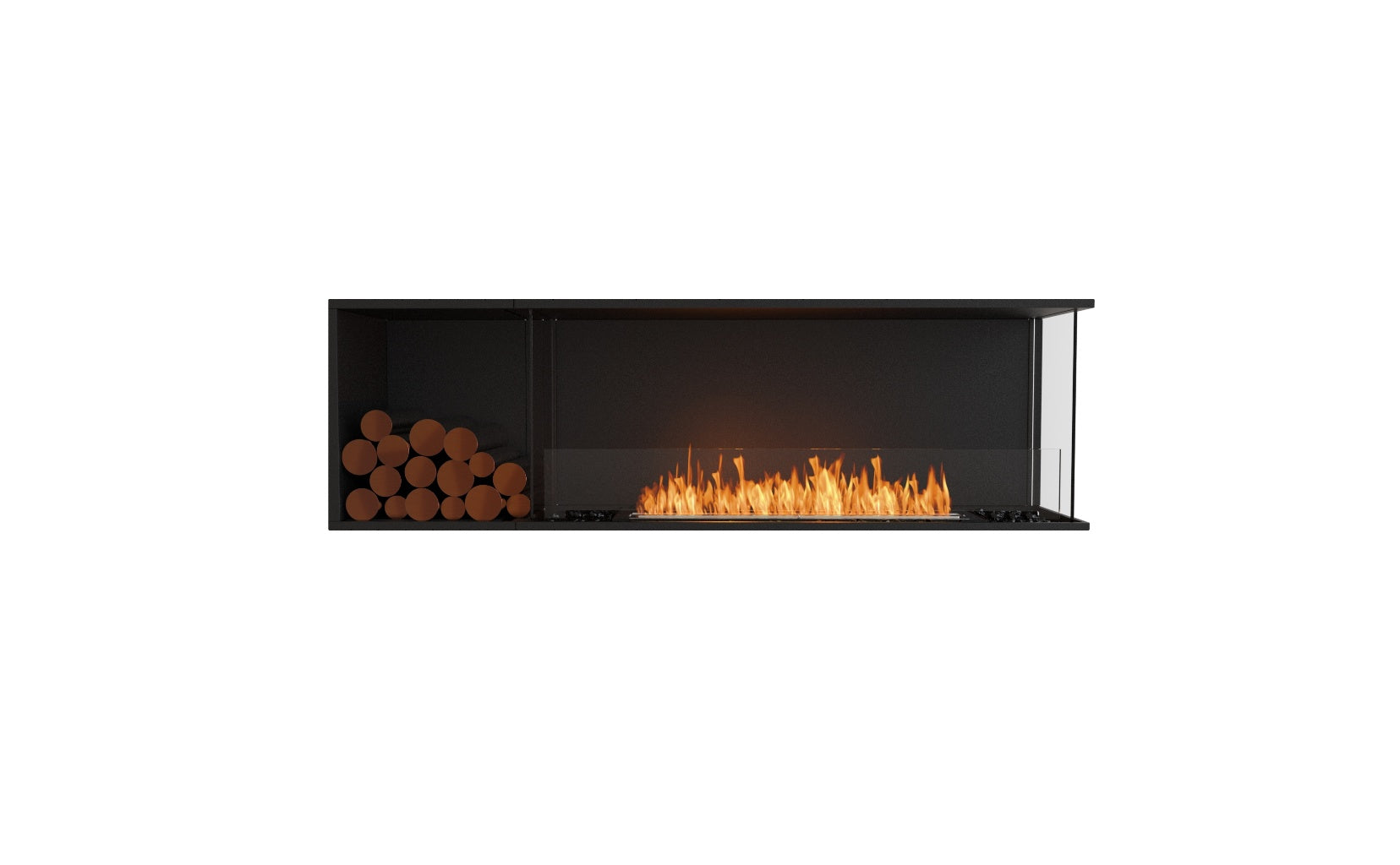 EcoSmart Fire Flex 68 bioethanol fireplace with a black frame, glass screen, orange flames, and decorative log storage.