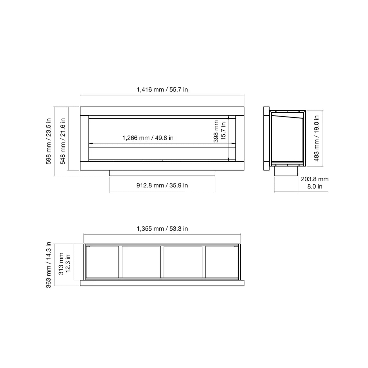 EcoSmart Fire Frame 1200SS fireplace – technical drawing