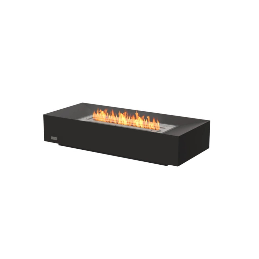 EcoSmart Fire Grate 30 with a black rectangular frame and a central stainless steel burner featuring orange flames.