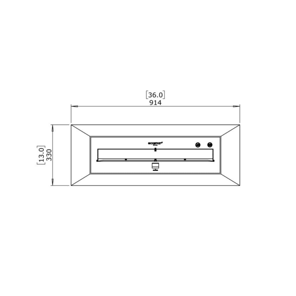 Technical line drawing of the EcoSmart Fire Grate 36 showing top-down dimensions of 914mm by 330mm on a white background.