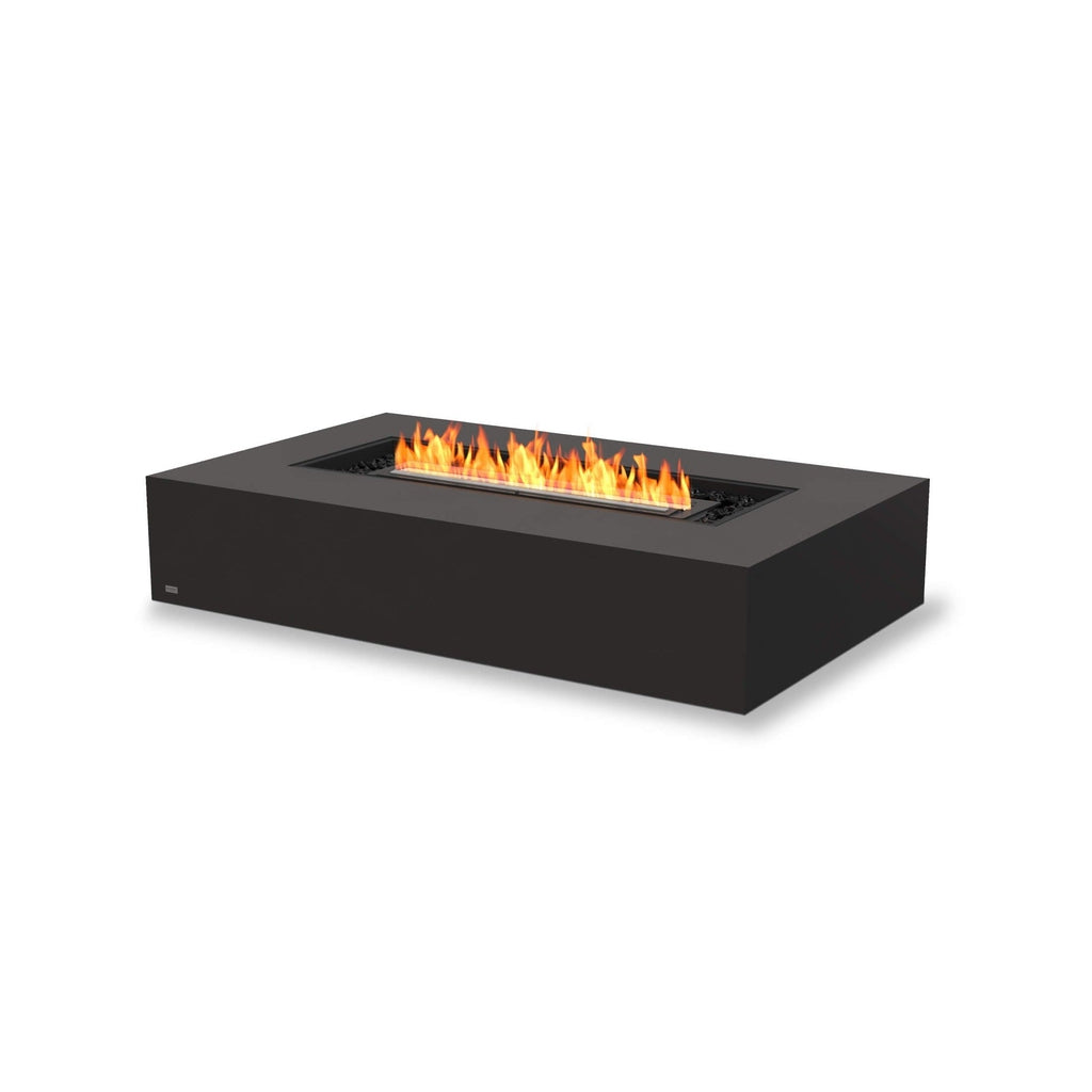 EcoSmart Fire Wharf 65 ethanol fire pit table in black with a rectangular frame and central burning flame.