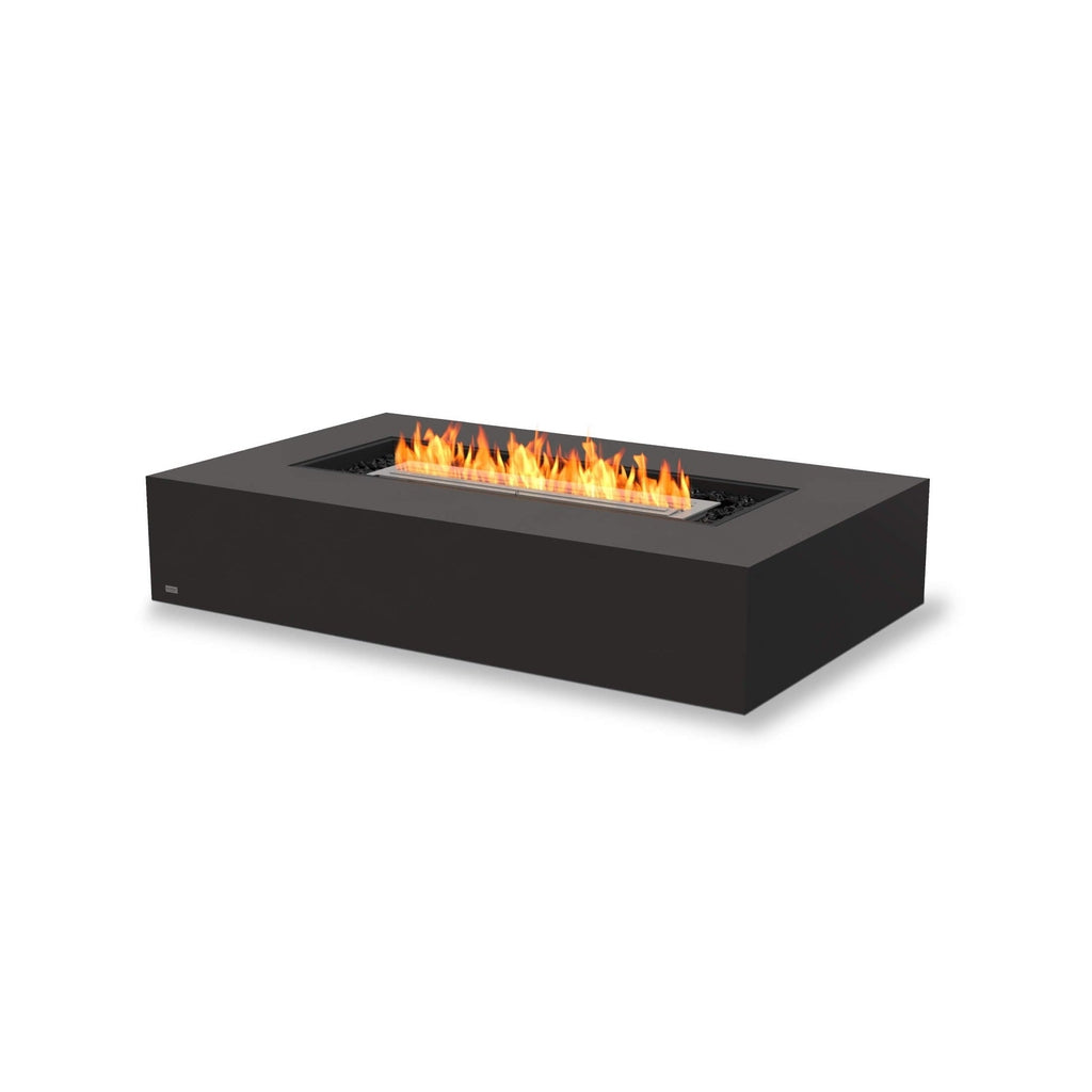 EcoSmart Fire Wharf 65 ethanol fire pit table in black with a rectangular frame and central burning flame.