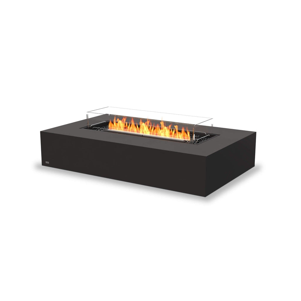 EcoSmart Fire Wharf 65 ethanol fire pit table in black with a rectangular burner and glass fire screen.
