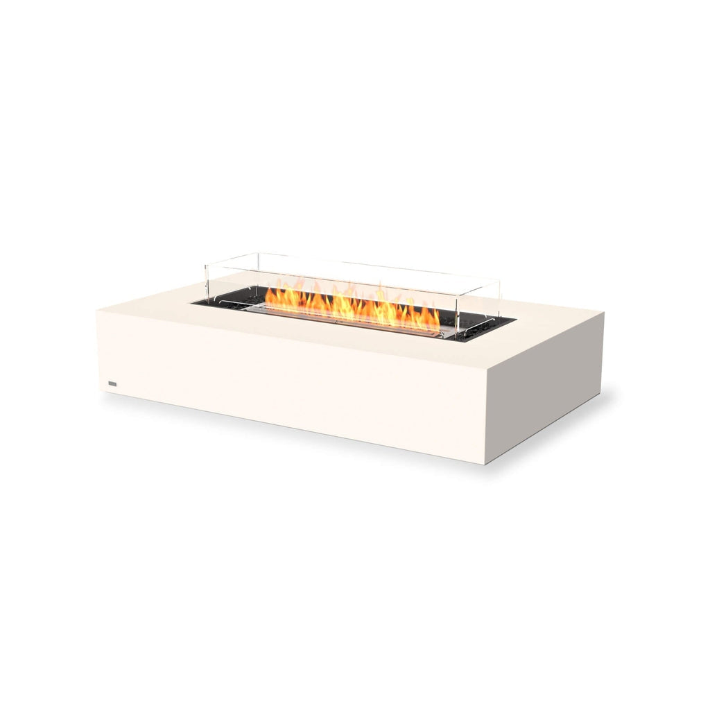 EcoSmart Fire Wharf 65 ethanol fire pit table in off-white with a central burner and glass fire screen.