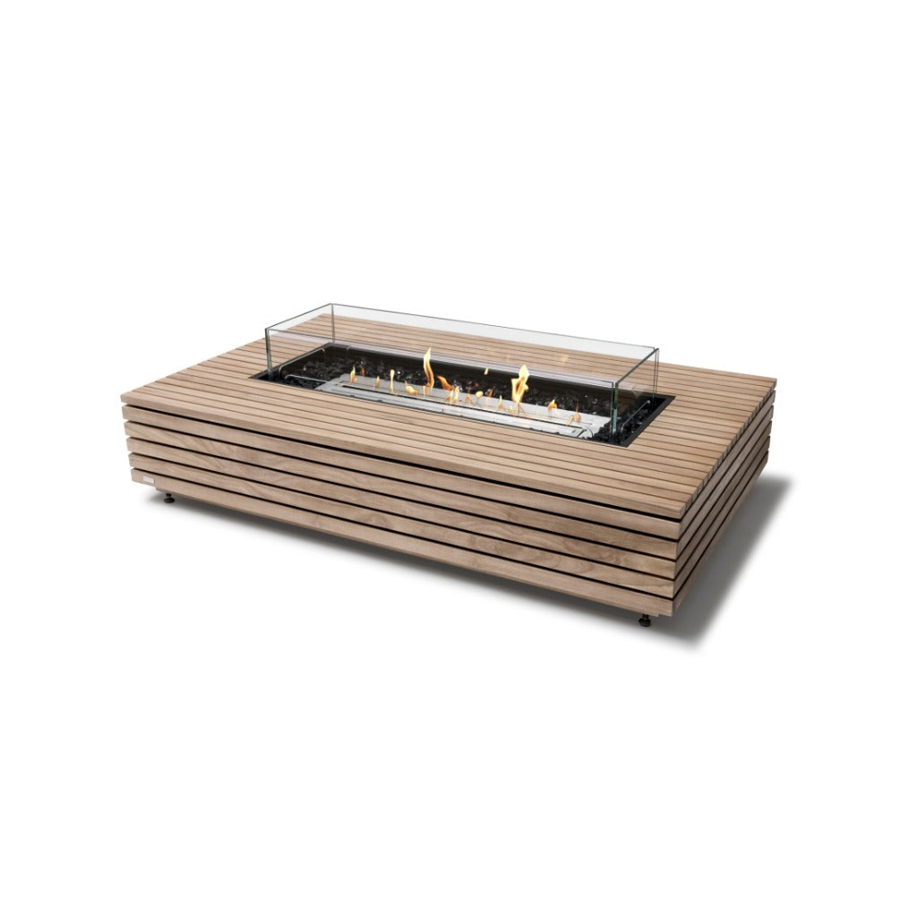 EcoSmart Fire Wharf 65 ethanol fire pit table with a slatted teak wood frame, glass screen, and black fire glass.