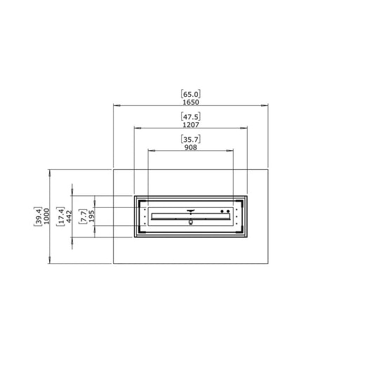 Technical line drawing of the EcoSmart Fire Wharf 65 showing top-down dimensions in millimetres and inches.