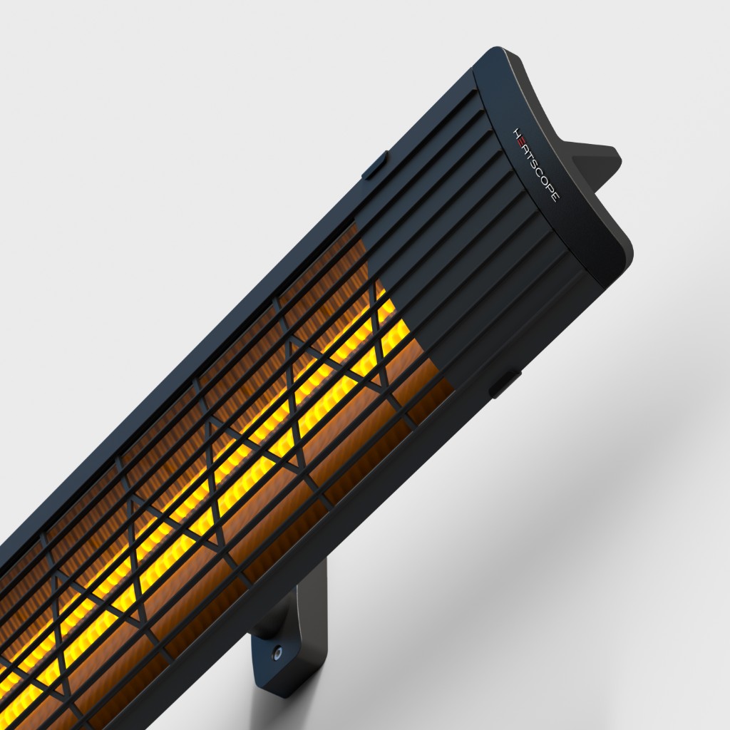 Heatscope Heaters Next 3000w electric radiant heater in black with a glowing orange element and grid front.
