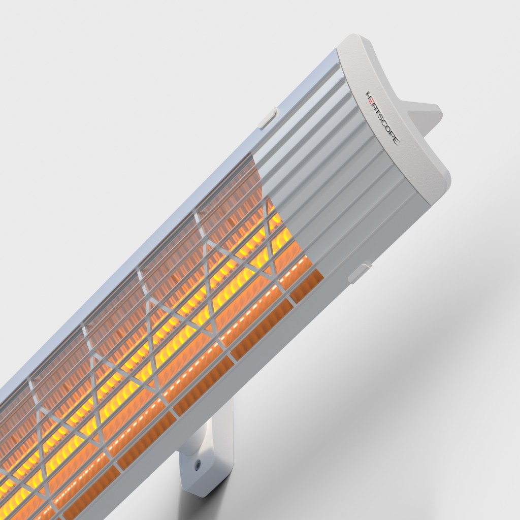 Heatscope Heaters Next 3000w electric radiant heater in white with a glowing orange element and ribbed metal casing.