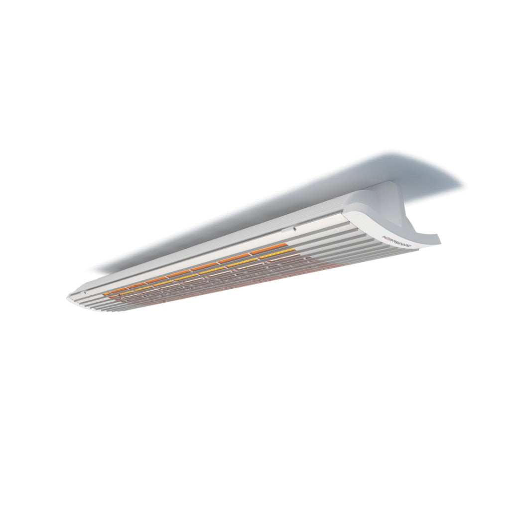 Heatscope Heaters Next 3000w electric radiant heater in white with a sleek, curved design mounted on a white ceiling.