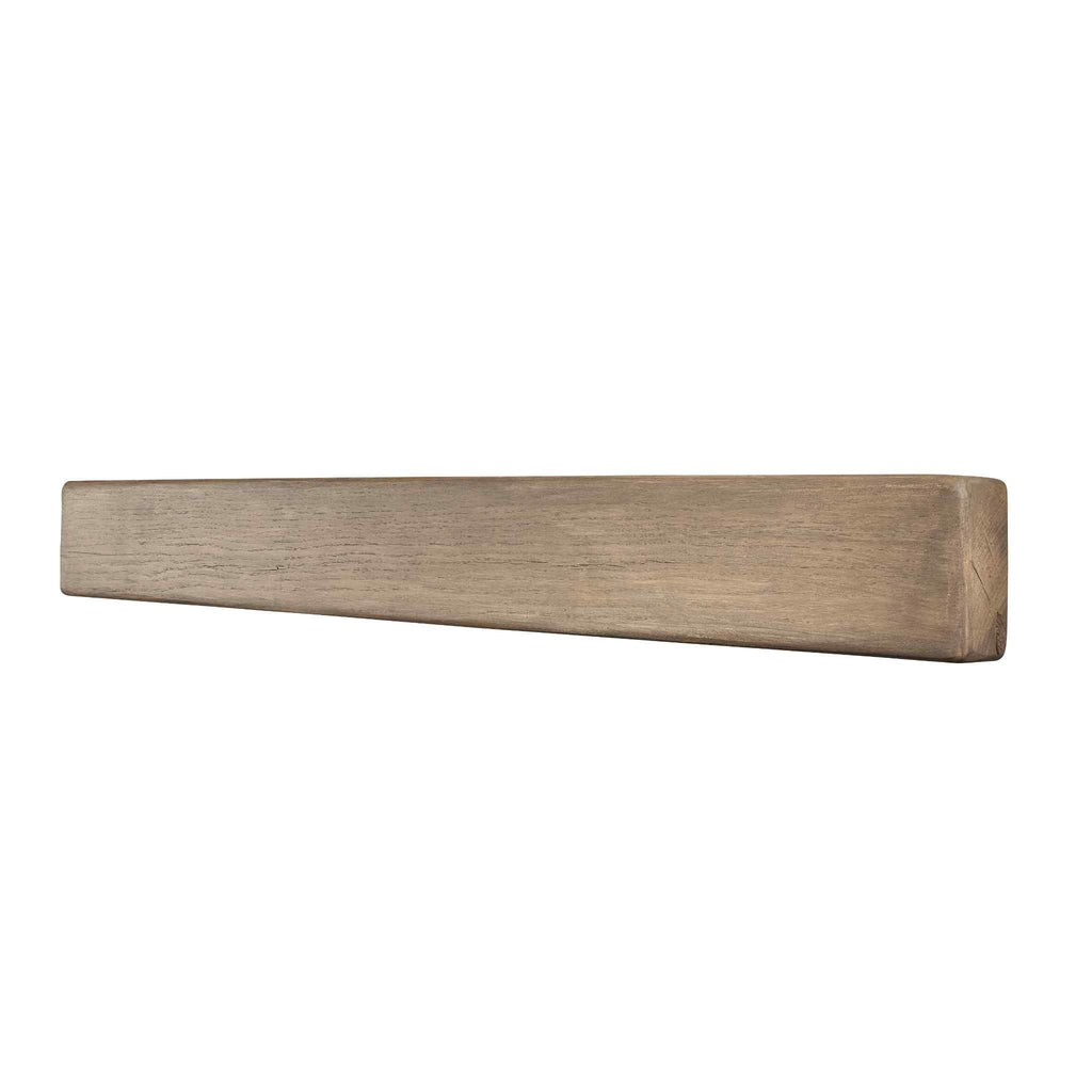 OER Classic 48 inch fireplace beam in a rustic, weathered grey wood finish with a textured grain.