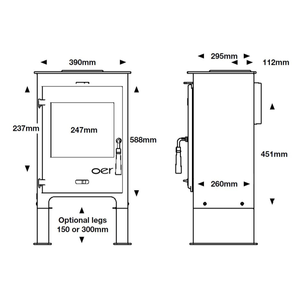 Technical line drawing of OER 5 MultiFuel 5KW Wood Burning Stove showing front and side dimensions with optional legs.