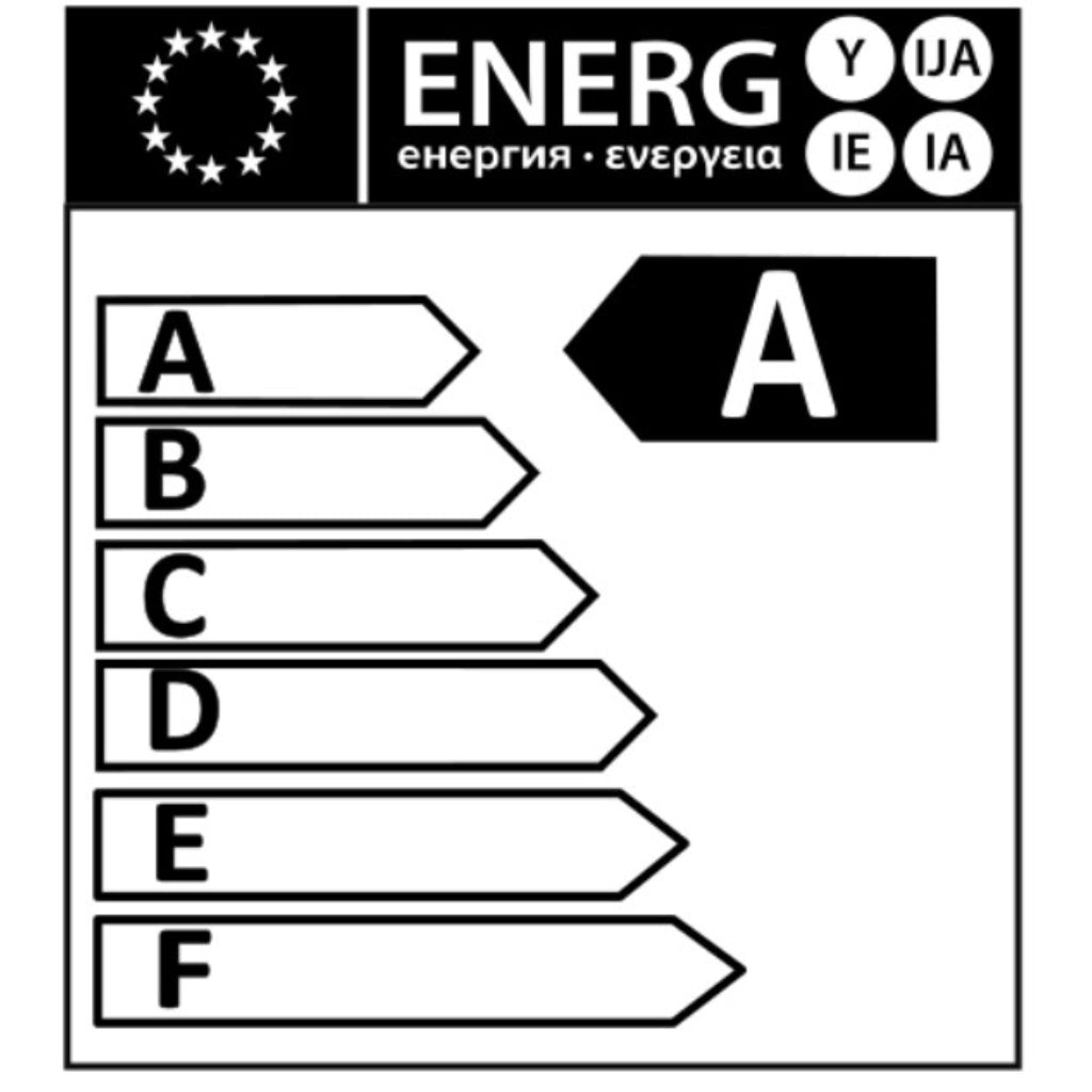 OER 5 MultiFuel 5KW Wood Burning Stove energy efficiency label showing an A rating on a black and white scale.