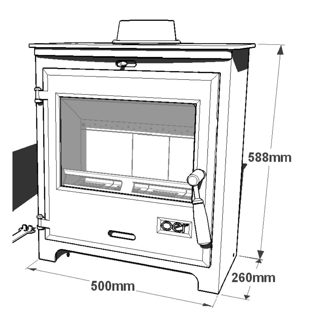 Line drawing of OER 8 MultiFuel 8KW Wood Burning Stove showing height, width, and depth dimensions in millimetres.