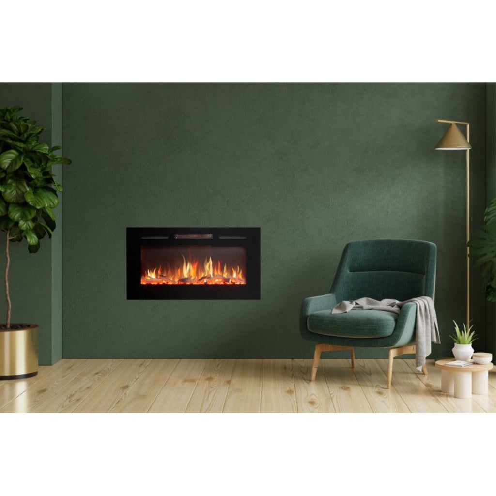 Orlando 36 Inch Media Wall Electric Fire with black frame and realistic flame effect set in a green living room.