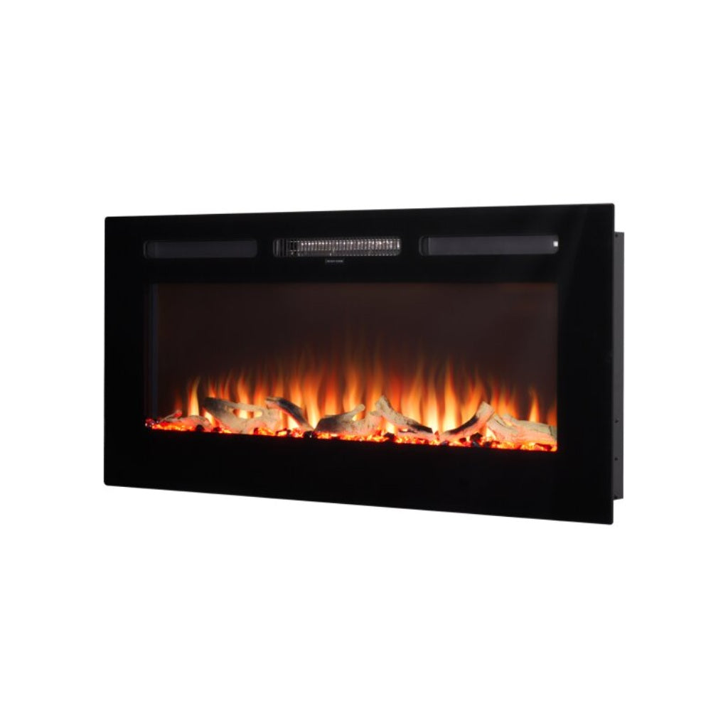 Orlando 36 Inch Media Wall Electric Fire with a black glass frame and glowing log fuel bed.