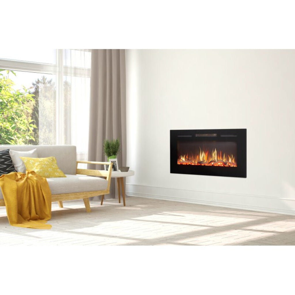 Orlando 36 Inch Media Wall Electric Fire with a black frame and realistic flame effect, mounted on a white wall.