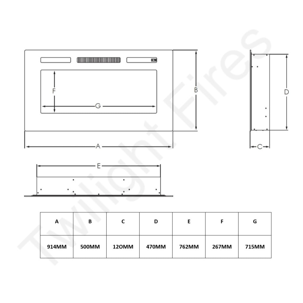 Technical line drawing of the Orlando 36 Inch Media Wall Electric Fire Inset showing dimensions and measurements.