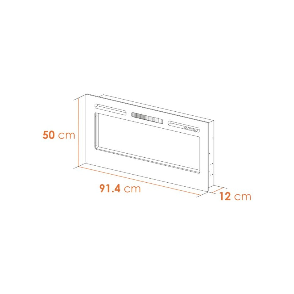 Orlando 36 Inch Media Wall Electric Fire Inset technical line drawing showing 91.4cm width, 50cm height and 12cm depth.