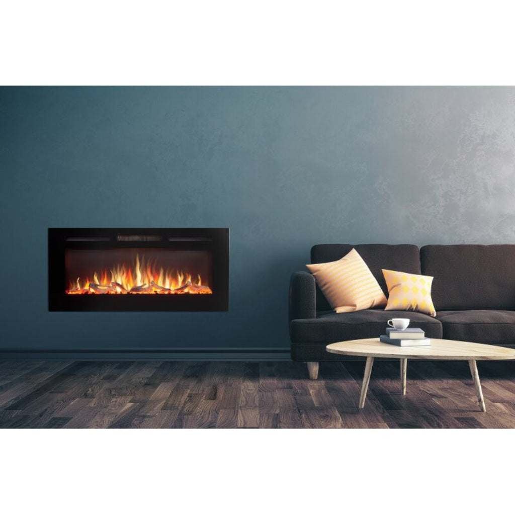 Orlando 42 Inch Media Wall Electric Fire Inset with a black frame, glowing log flame effect, set in a modern living room.