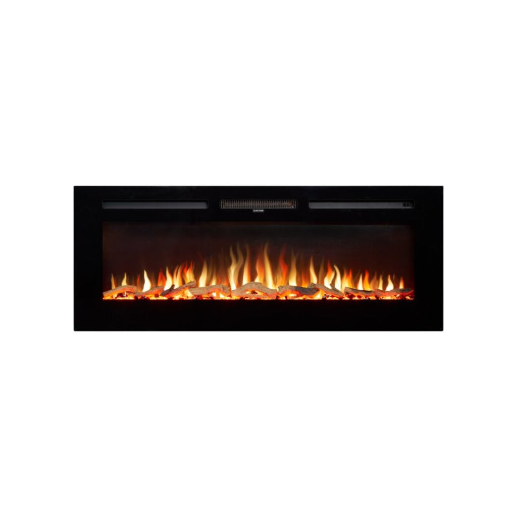 Orlando 42 Inch Media Wall Electric Fire Inset with a black frame and realistic glowing log fuel bed.