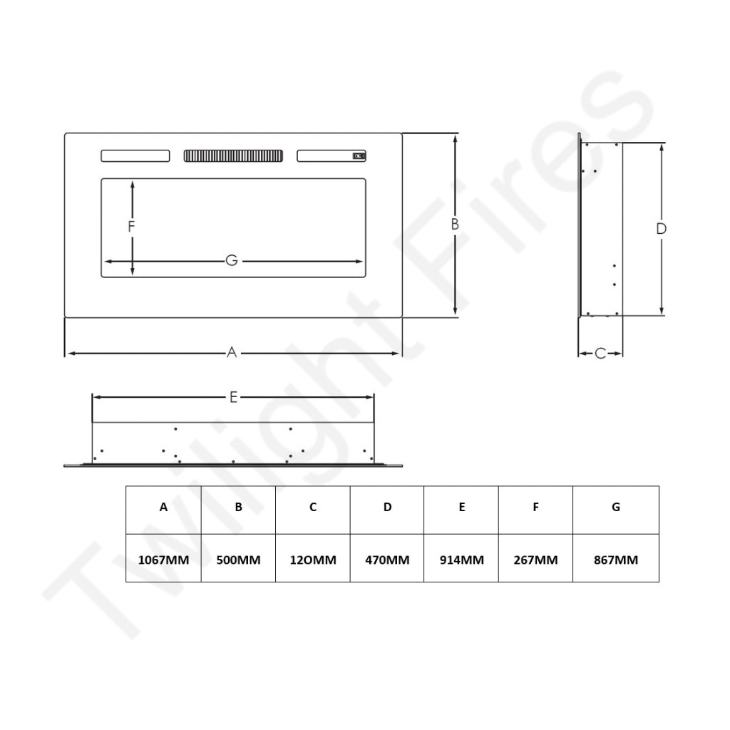 Technical line drawing showing front, side, and top views of the Orlando 42 Inch Media Wall Electric Fire Inset.