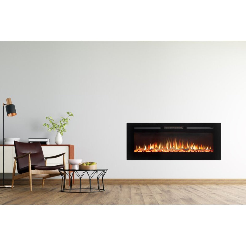 Orlando 50 Inch Media Wall Electric Fire Inset with a black frame and realistic orange flames in a modern living room.