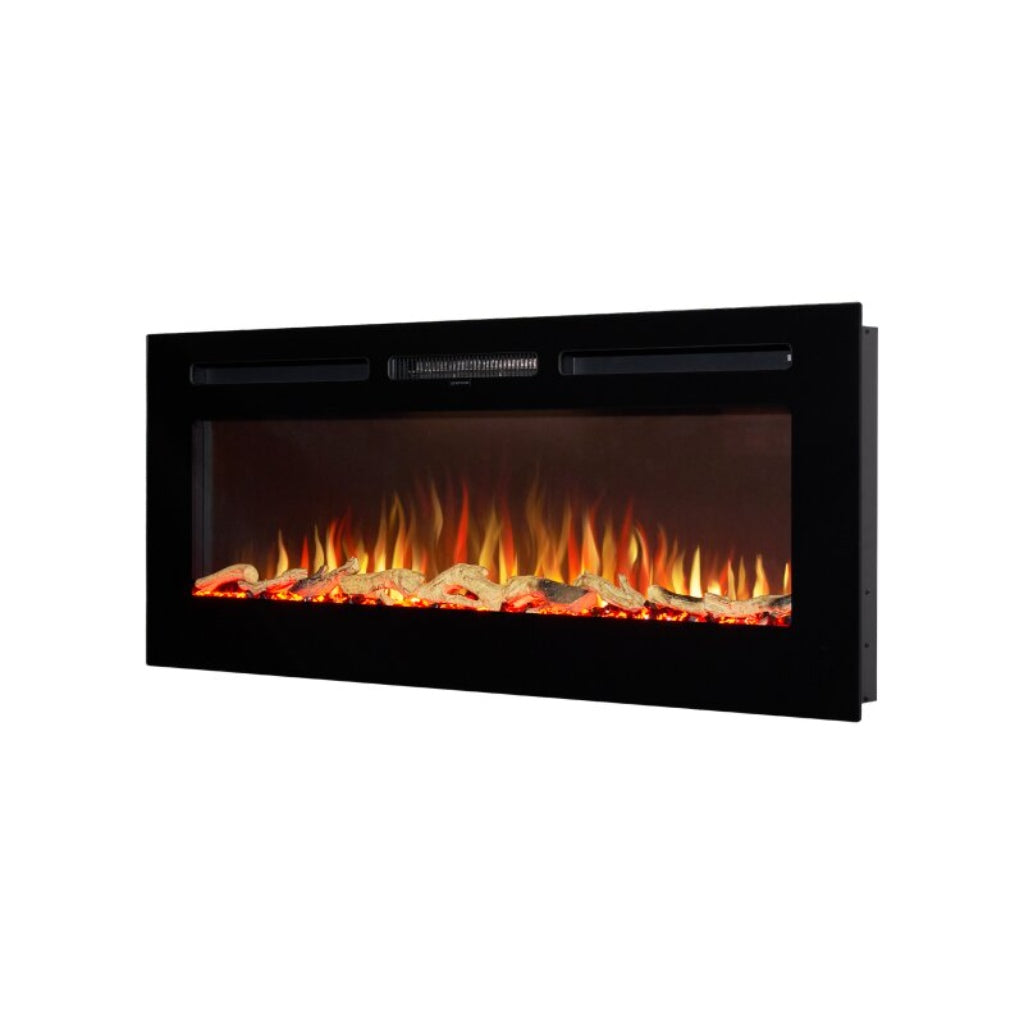 Orlando 50 Inch Media Wall Electric Fire with a black frame and realistic glowing log fuel bed on a white background.