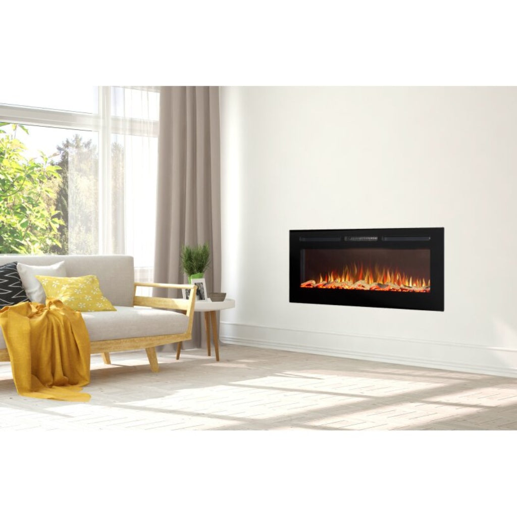Orlando 50 Inch Media Wall Electric Fire with a black frame and glowing orange flame effect in a modern living room.