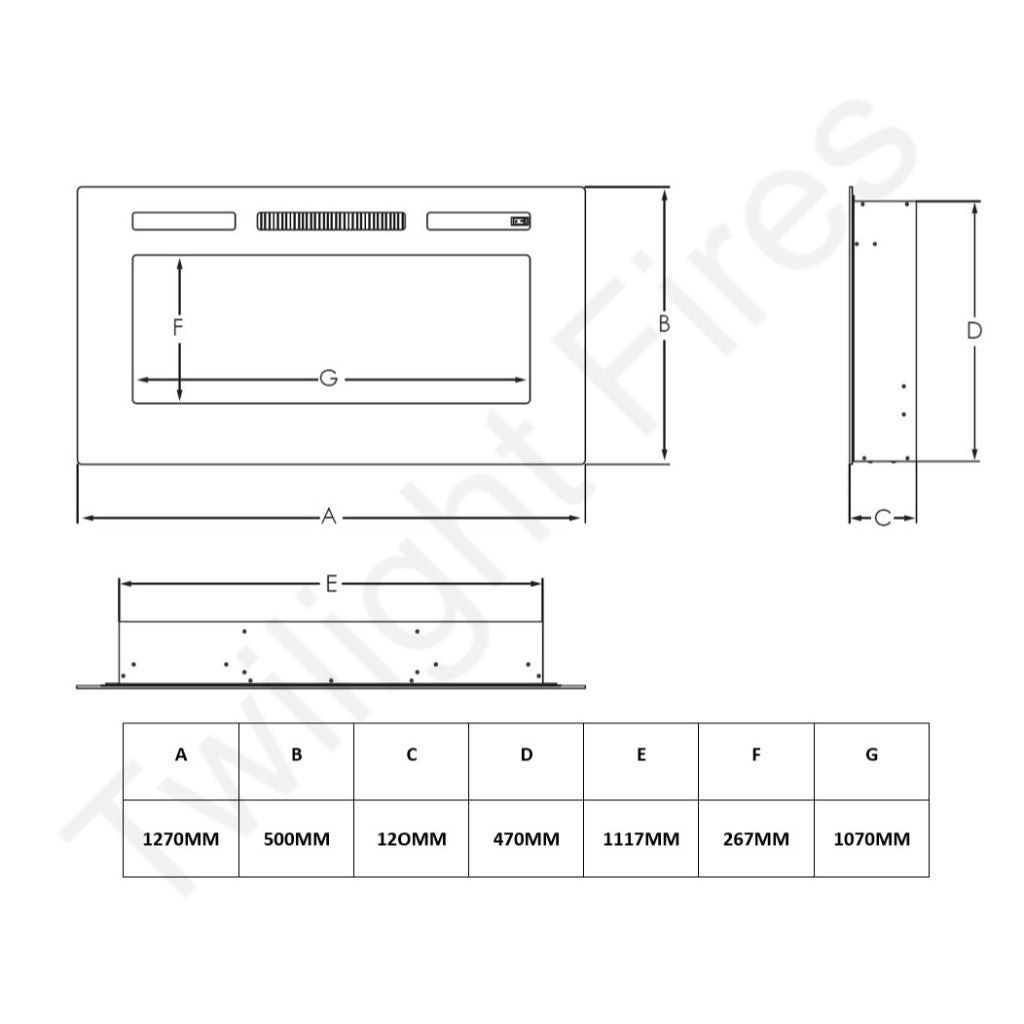 Technical line drawing showing dimensions for the Orlando 50 Inch Media Wall Electric Fire Inset.