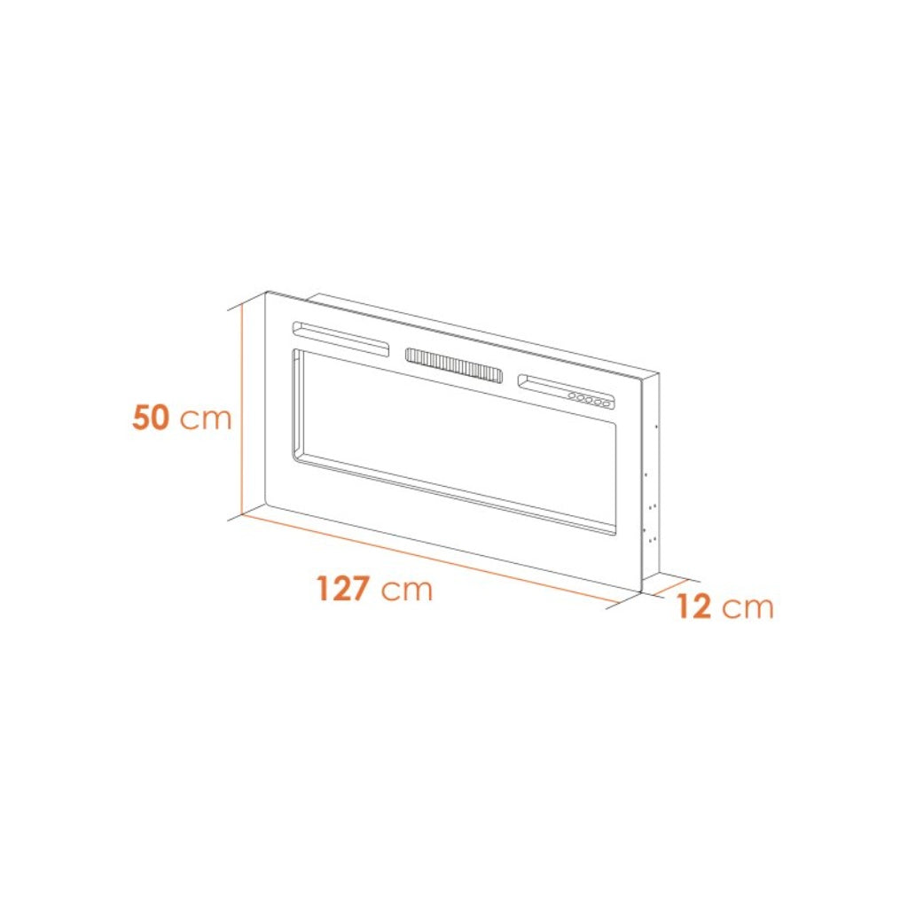 Line drawing of Orlando 50 Inch Media Wall Electric Fire Inset with 127cm width, 50cm height, and 12cm depth dimensions.