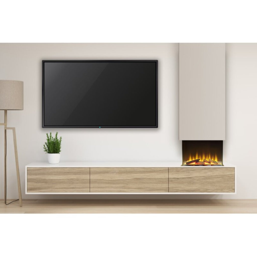 Sahara 22 Inch 3 Sided Panoramic Media Wall Electric Fire Insert set into a modern wood-finish media unit.