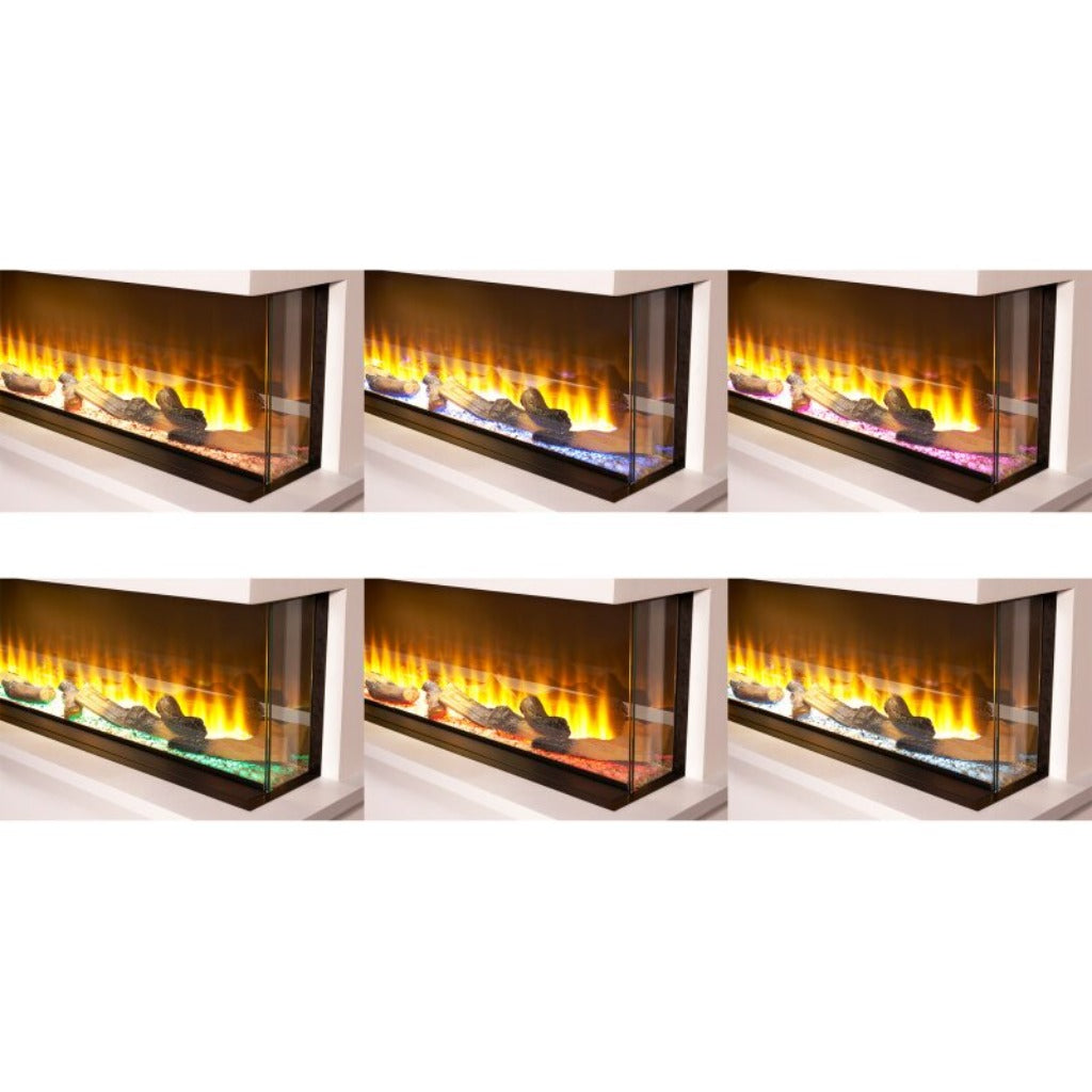 Sahara 22 inch 3-sided panoramic electric fire showing six variations of colourful LED ember bed lighting.