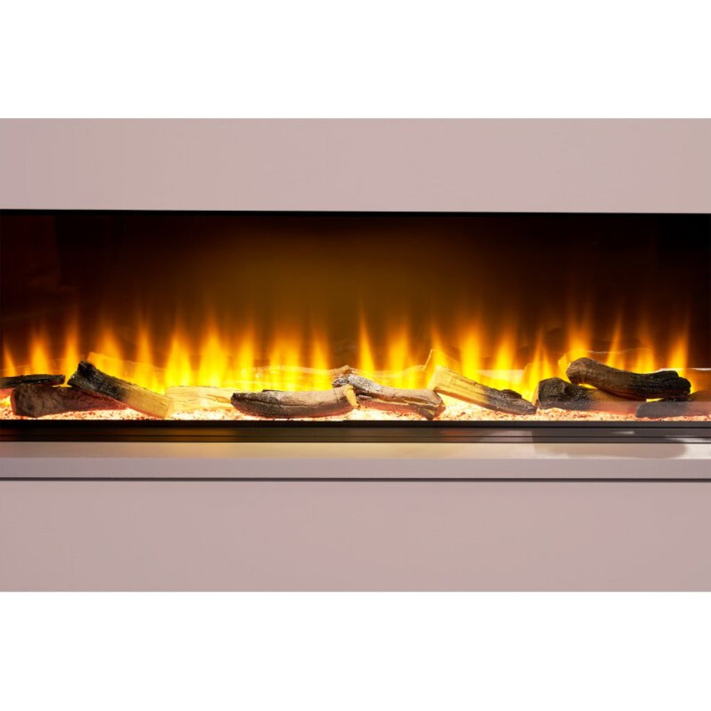 Sahara 22 Inch panoramic electric fire with realistic glowing logs and vibrant orange flames in a sleek black frame.