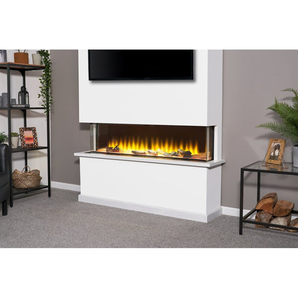 Sahara 51 inch electric inset media wall fire with a three-sided glass display and realistic glowing log fuel bed.