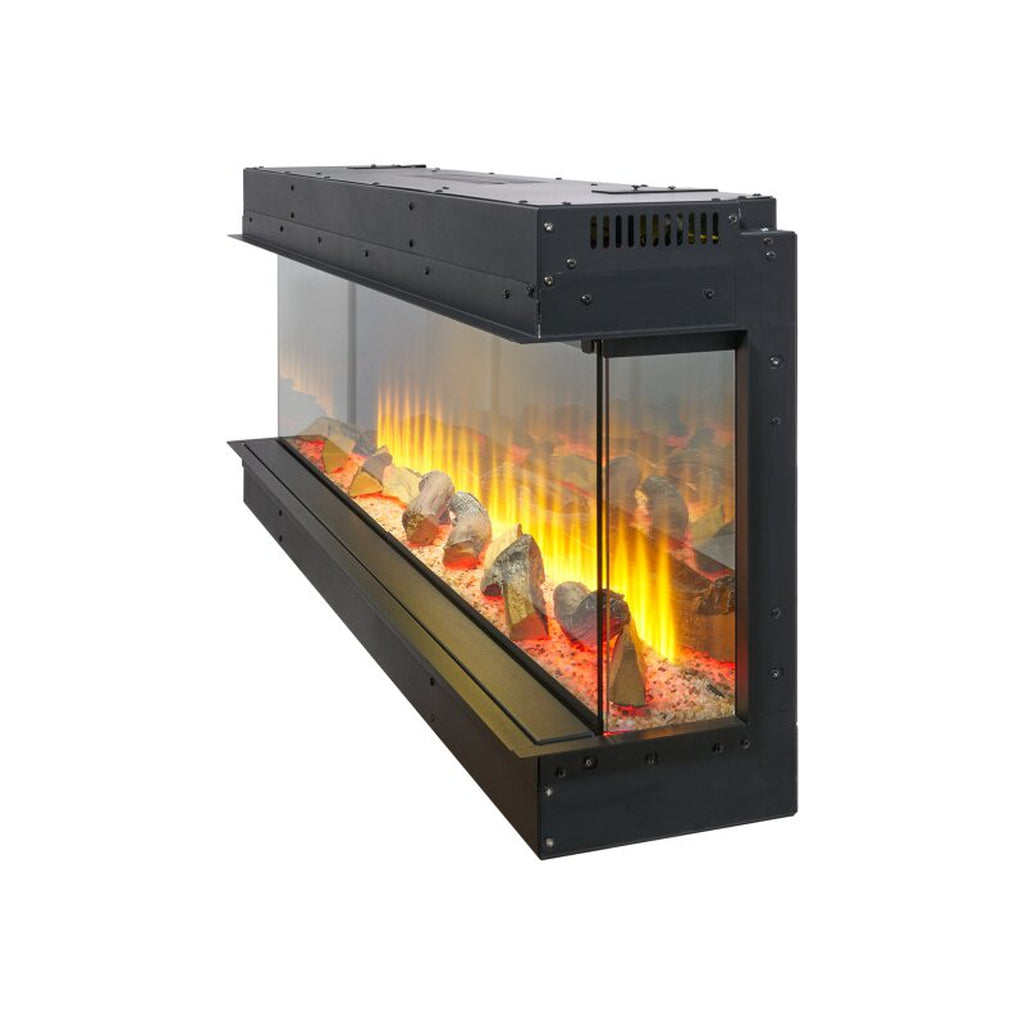 Sahara 51 inch electric inset fire with a black frame, glass side panels, and a glowing log fuel bed.