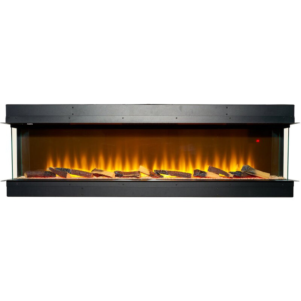 Sahara 61 Inch Electric Inset Media Wall Fire with black frame, glass sides, and glowing log fuel bed.