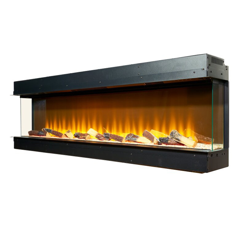 Sahara 61 inch electric media wall fire with a black frame, glass sides, and glowing log fuel bed.
