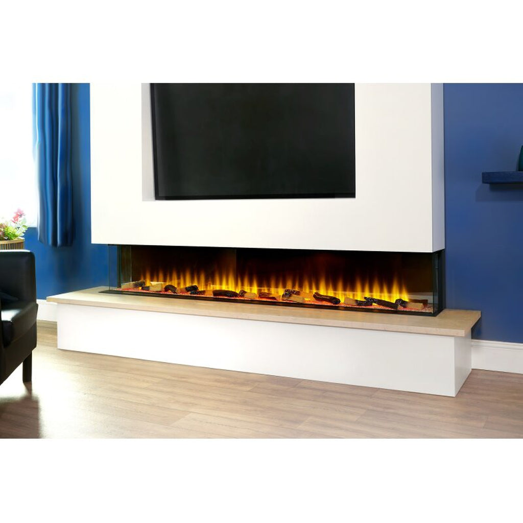Sahara 81 inch electric fire with a white surround, glass front, and realistic log flame effect in a blue room.