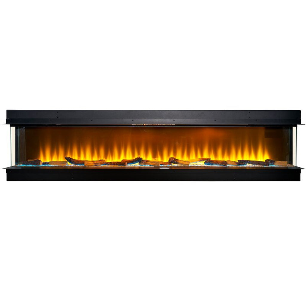 Sahara 81 inch electric inset media wall fire with a black frame, glass sides, and glowing orange flame effect.