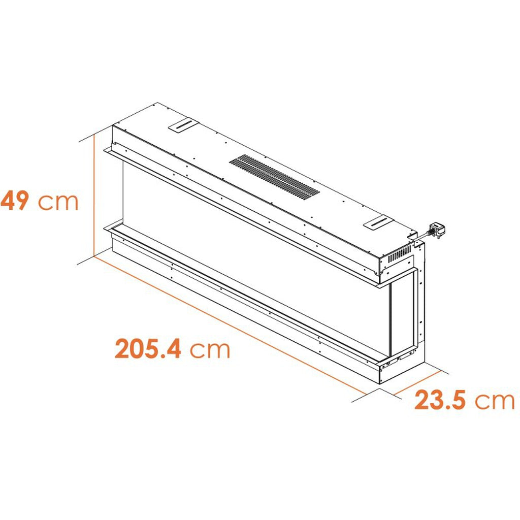 Sahara 81 Inch Electric Inset Media Wall Fire technical line drawing showing dimensions in centimetres.