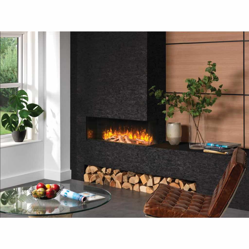Solution SLE125 HD electric fire with a two-sided glass display, glowing logs, and a black textured media wall.