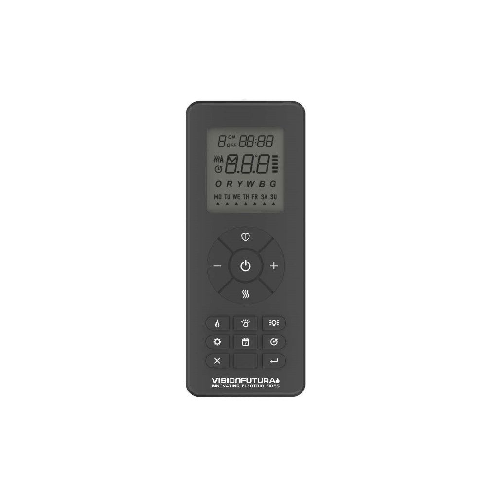 Black Vision Futura 1300 remote control with a digital LCD screen and circular button interface.