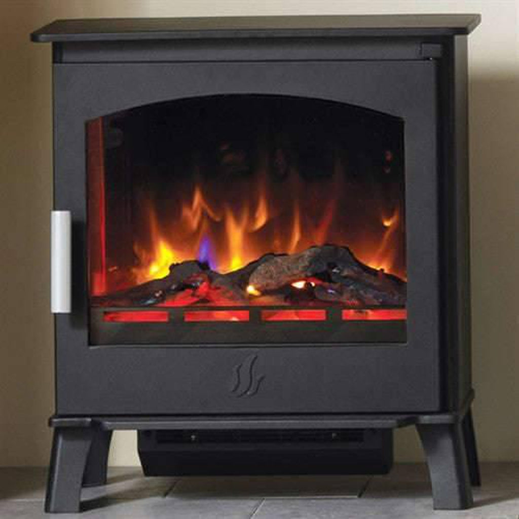 ACR Astwood HD electric stove in black with a large glass viewing window, realistic log fuel bed, and flame effect.