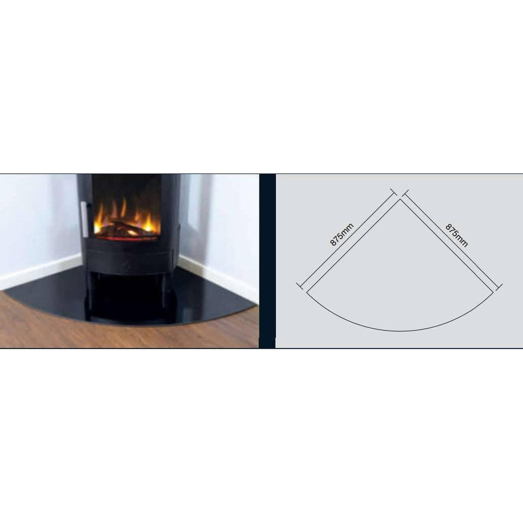 ACR Astwood HD Electric Stove on a black corner hearth with an 875mm dimension diagram.
