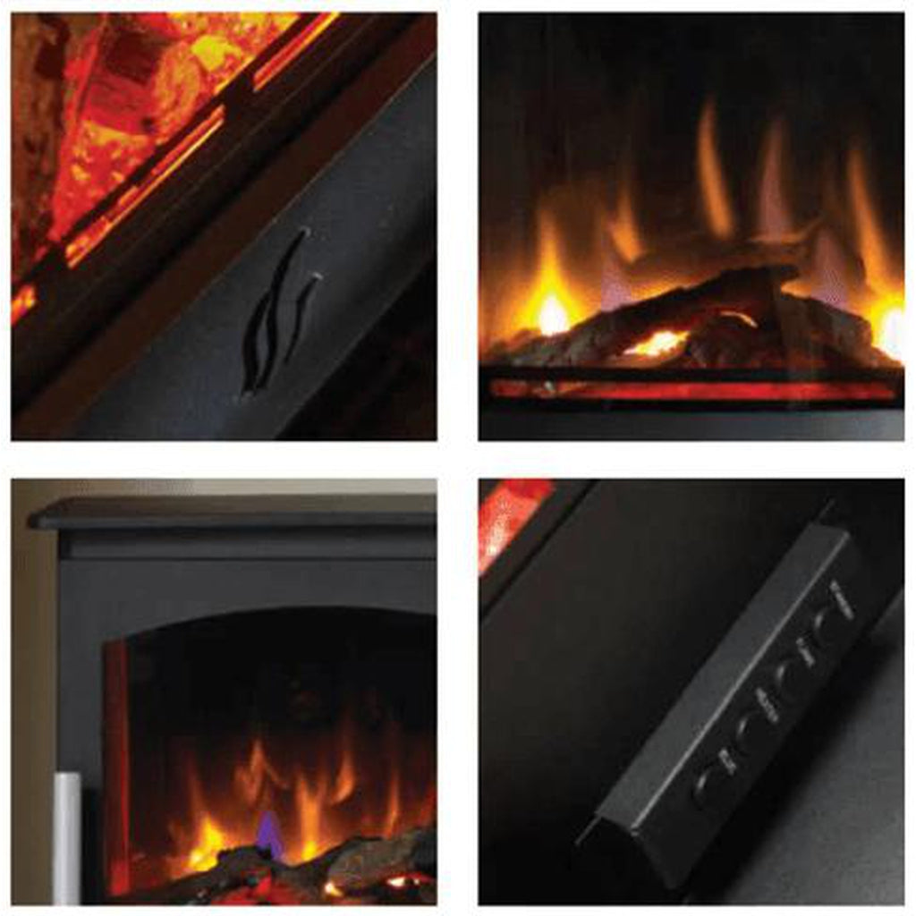 ACR Astwood HD Electric Stove showing close-up details of the black metal finish, log fuel bed, and flame effect.