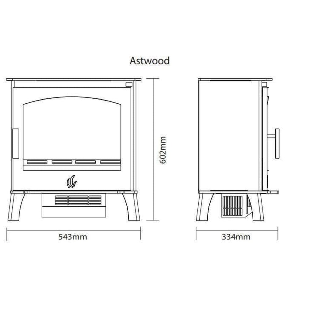 ACR Astwood HD Electric Stove technical line drawing showing front and side dimensions in millimetres.