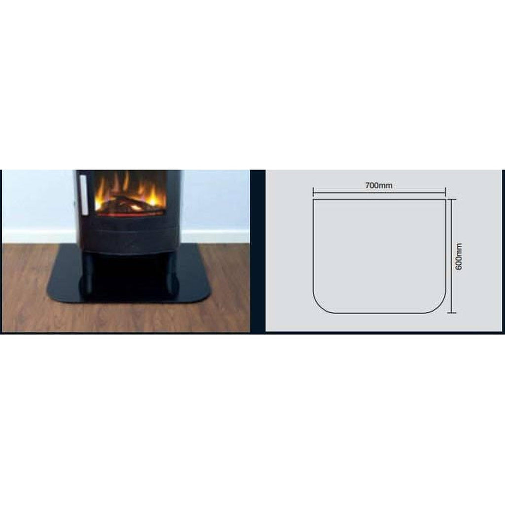 ACR Malvern HD Electric Stove shown with a black glass hearth and a 700mm by 600mm technical dimension diagram.