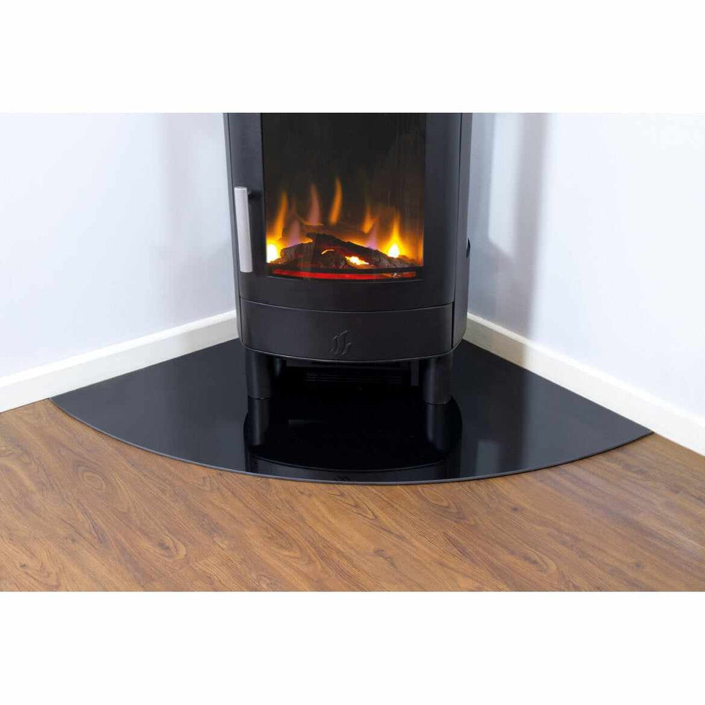 ACR Malvern HD electric stove in black, positioned in a corner on a curved black glass hearth over wood flooring.