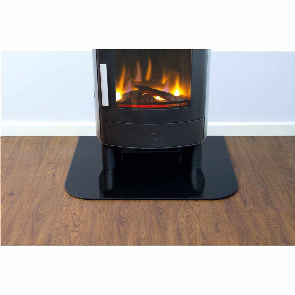 ACR Malvern HD electric stove in black with a glowing log flame effect, standing on a curved black glass hearth.