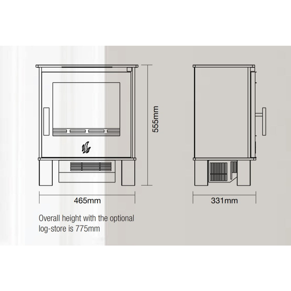 ACR Malvern HD Electric Stove technical line drawing showing front and side dimensions in millimetres.